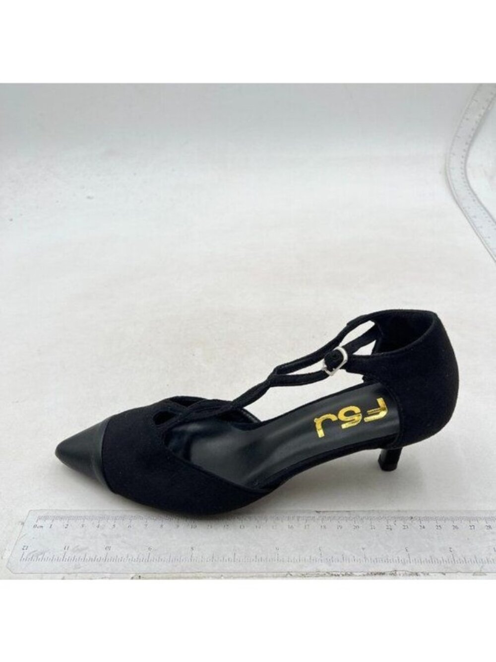FSJ Women's Kitten Heel Pointed Toe Pumps Ankle Strap Mid Heel Dress Shoes Black